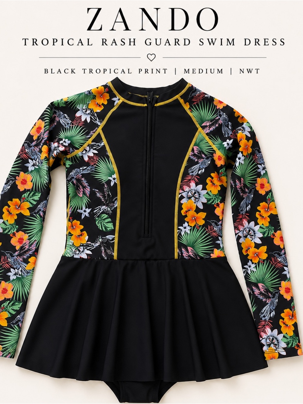 Amazon Black Tropical Floral Long-Sleeve Rash Guard Swim Dress with Yellow Trim